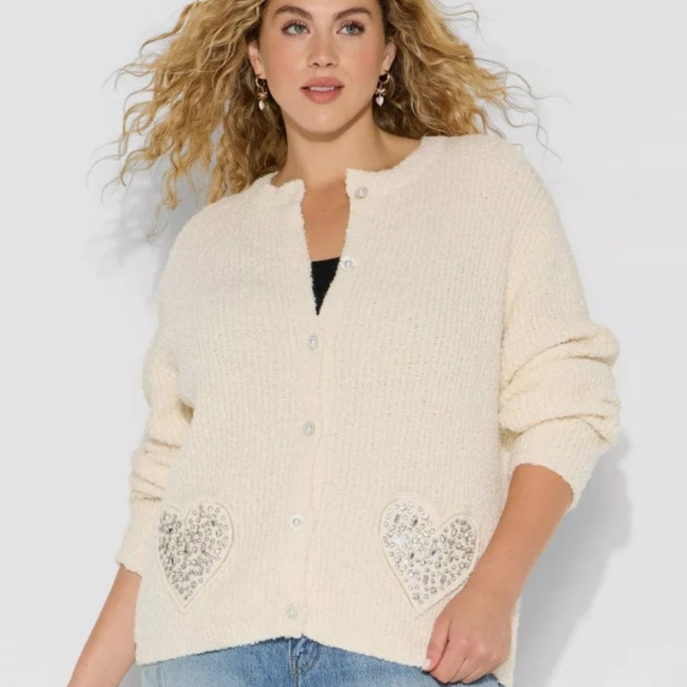 Wicked- Katie Kime Cream Cardigan Heart Embellished Pockets 3X Avail. NEW